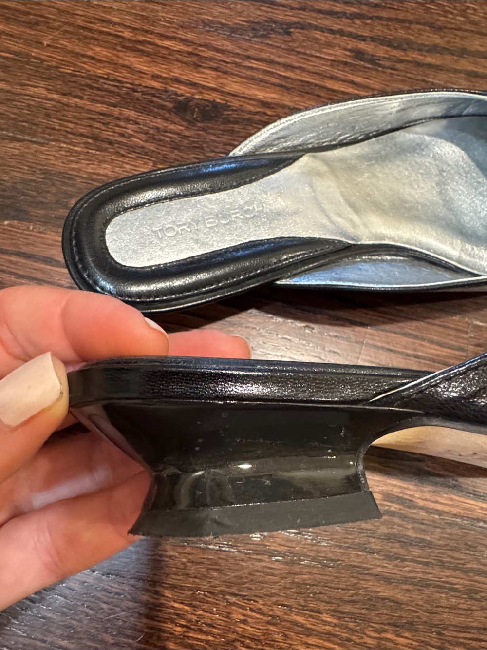 Tory Burch Black Slip-On Mules with Gold Logo Medallion - Picture 5 of 6
